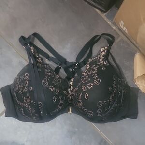 Cacique Boost Plunge Elegant Black & Gold Lace Bra Front Closure 48C